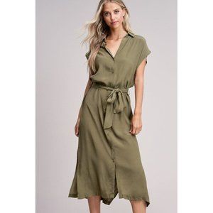 No Rest for Briget Arrays Shirt Dress M Olive Green Midi Sleeveless Belt Buttons